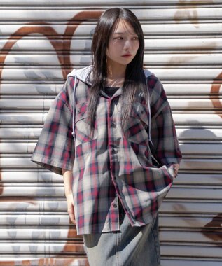 WEGO 【ユニセックス着用ITEM/MLサイズ展開】オンブレチェックフードシャツ（SS） レッドチェック1