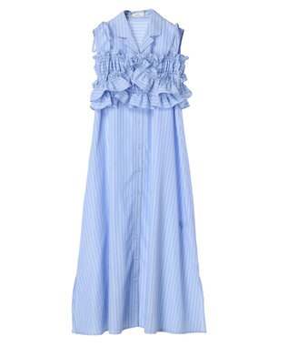 earth music&ecology ＳＥＴ２点シャーリングビスチェ×シャツワンピース Stripe Blue