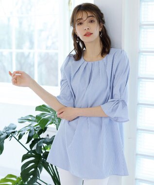 Tiaclasse L 【洗える】リボン付きタックスリーブチュニックブラウス サックスストライプ