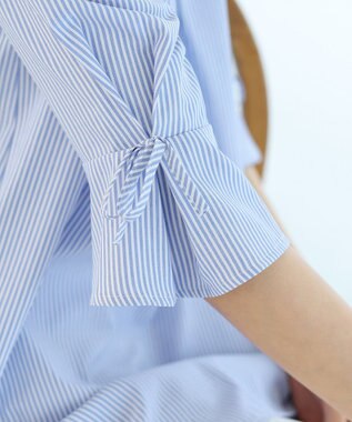 Tiaclasse L 【洗える】リボン付きタックスリーブチュニックブラウス サックスストライプ