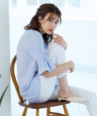 Tiaclasse L 【洗える】リボン付きタックスリーブチュニックブラウス サックスストライプ