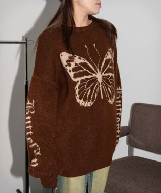 WEGO モチーフグラフィックフラッフィーニットプルオーバー ブラウン