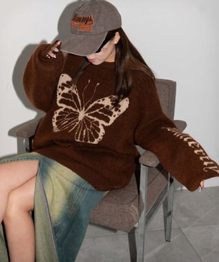 WEGO モチーフグラフィックフラッフィーニットプルオーバー ブラウン