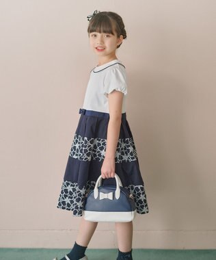 組曲 KIDS 【150-160㎝】フラワーパネルボーダー ワンピース ネイビー系