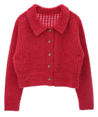 earth music&ecology 格子編み襟付きニットカーディガン Red