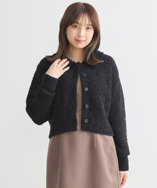 earth music&ecology 格子編み襟付きニットカーディガン Black