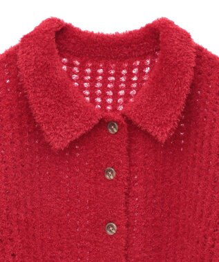 earth music&ecology 格子編み襟付きニットカーディガン Red