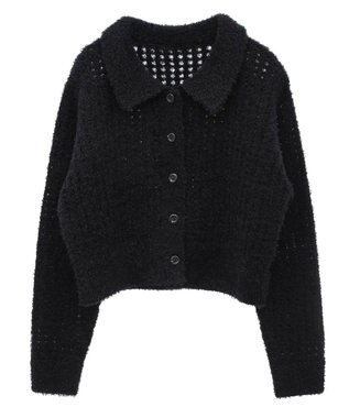 earth music&ecology 格子編み襟付きニットカーディガン Black