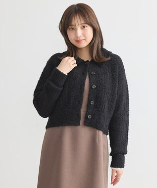 earth music&ecology 格子編み襟付きニットカーディガン Black
