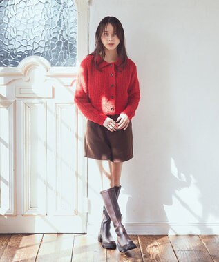 earth music&ecology 格子編み襟付きニットカーディガン Red