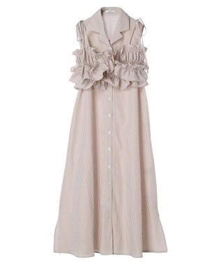 earth music&ecology ＳＥＴ２点シャーリングビスチェ×シャツワンピース Stripe Beige