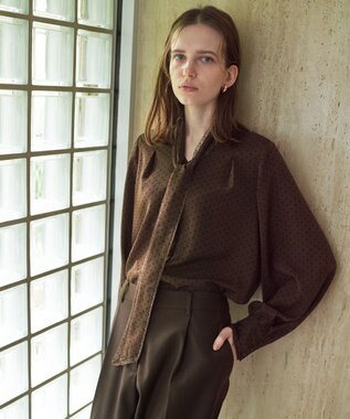YECCA VECCA ドット柄レースボウタイ付きVネックブラウス Brown