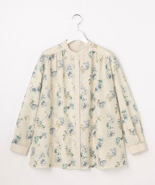 自由区 L エアリーローン花柄プリント ブラウス ベージュ×ブルー