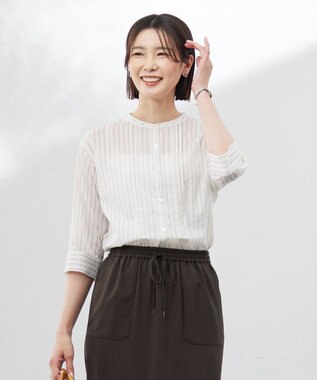 【洗える】シアーピンストライプ ブラウスライク カットソー