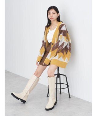 earth music&ecology ループ編みアーガイルカーディガン Yellow