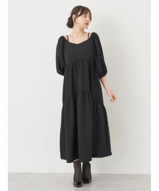 earth music&ecology ２ｗａｙパフスリーブ表面感ワンピース Black