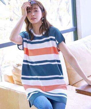 Tiaclasse 【洗える】マルチボーダーフレンチニットチュニック ターコイズ×オフ×コーラル