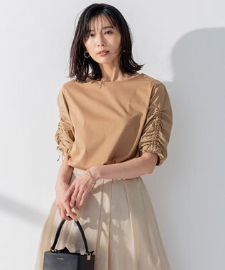23区 L 【洗える】タックディテールプルオーバー ギャザー カットソー キャメル系