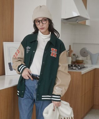 WEGO 【ユニセックス着用ITEM/SMLサイズ展開】メルトンワッペンスタジャン ダークグリーン