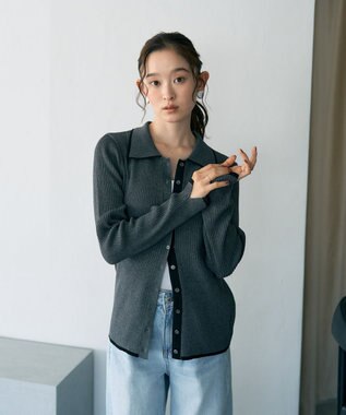 earth music&ecology バイカラートリムロングニットカーディガン Charcoal Gray