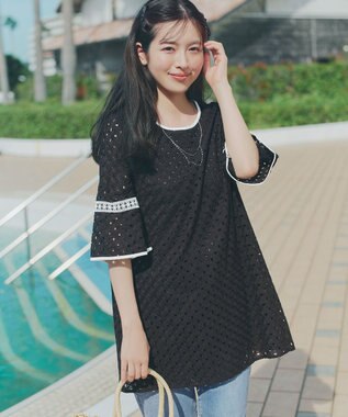 Tiaclasse パンチングレース配色チュニック ブラック×オフホワイト