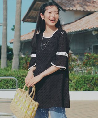 Tiaclasse パンチングレース配色チュニック ブラック×オフホワイト