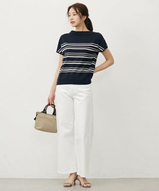 J.PRESS LADIES 【WEB限定カラーあり・洗える・抗菌防臭】COTTON POLYESTER ボーダー 襟付き ニット ネイビー×グレージュ系