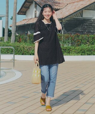 Tiaclasse パンチングレース配色チュニック ブラック×オフホワイト