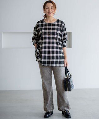 23区 L 【Lサイズ限定】ブラッシュド ビエラチェック ノーカラーブラウス モノトーン系