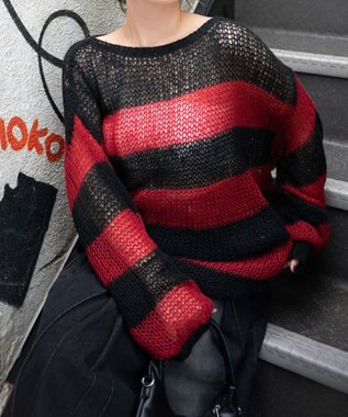 WEGO ボーダーモヘアタッチメッシュニットプルオーバー レッド