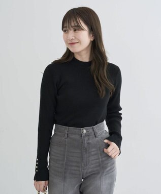 Green Parks もちやわ　袖口釦リブニットプルオーバー Black