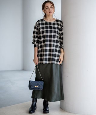 23区 L 【Lサイズ限定】ブラッシュド ビエラチェック ノーカラーブラウス モノトーン系