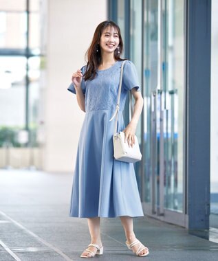 Tiaclasse L 【洗える】フレアスリーブレースコンビワンピース ブルー