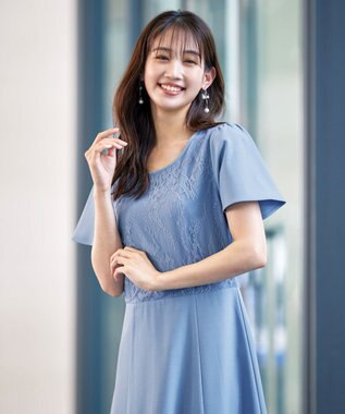 Tiaclasse L 【洗える】フレアスリーブレースコンビワンピース ブルー