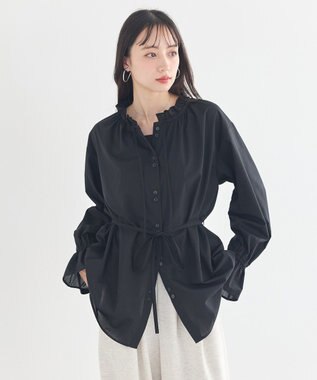 earth music&ecology 【イージーケア】TRキュプラダブルボタンフリルシャツ Black