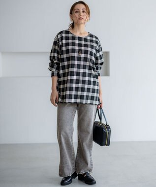 23区 L 【Lサイズ限定】ブラッシュド ビエラチェック ノーカラーブラウス モノトーン系