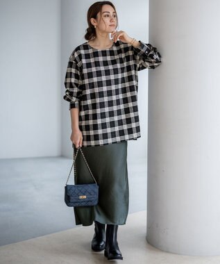 23区 L 【Lサイズ限定】ブラッシュド ビエラチェック ノーカラーブラウス モノトーン系