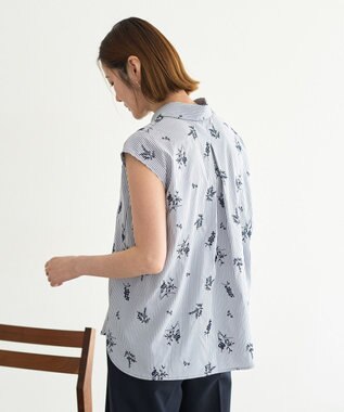 YECCA VECCA ストライプ柄フラワー刺繍シャツ Navy