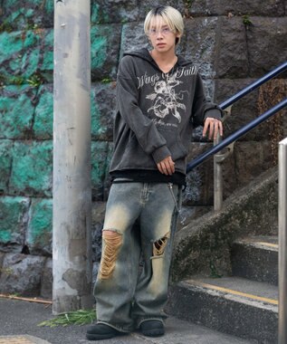 WEGO 【ユニセックス着用ITEM】ヴィンテージグラフィックキーネックプルパーカー ブラックその他