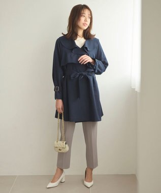 Feroux 【洗える】ラッフルカラーミドル丈 トレンチ ネイビー系