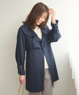 Feroux 【洗える】ラッフルカラーミドル丈 トレンチ ネイビー系