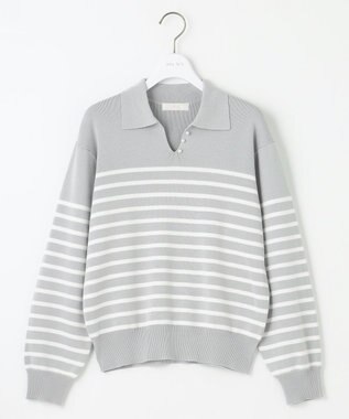 ANY SIS 【洗える】スキッパーポロ襟プルオーバー ニット グレー×オフ