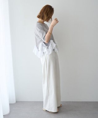 YECCA VECCA パール釦ラッフル5分袖カーディガン Gray mixture