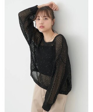 earth music&ecology スパンコールショートゆるニット Black