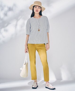 23区 L 【洗える】リネンレーヨンストレッチ テーパード パンツ イエロー系