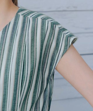 Tiaclasse 【洗える】麻調前開きフレンチワンピース グリーンストライプ