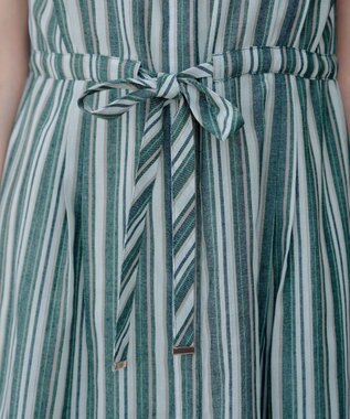 Tiaclasse 【洗える】麻調前開きフレンチワンピース グリーンストライプ