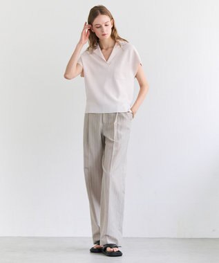 BEIGE， ERYTH / リネンストライプ タックワイドパンツ Flax × Bordeaux