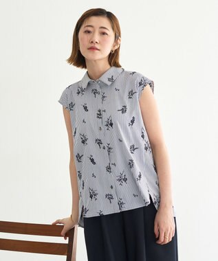 YECCA VECCA ストライプ柄フラワー刺繍シャツ Navy