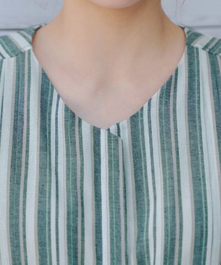 Tiaclasse 【洗える】麻調前開きフレンチワンピース グリーンストライプ